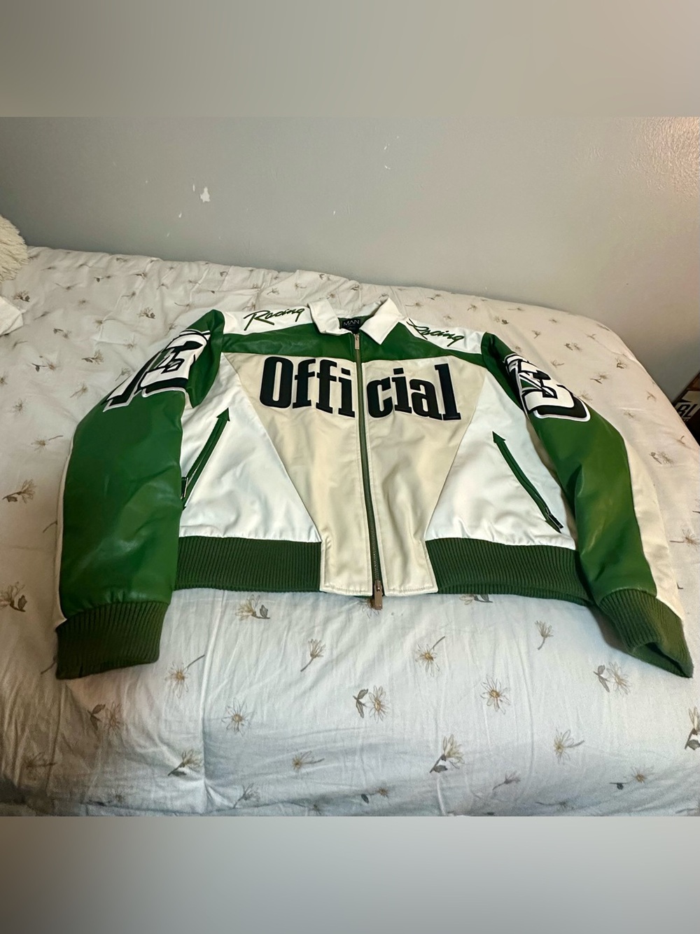 Boohoo Man BRITISH RACING LUXURY OFFWHITE OFFICIAL Varsity MOTO Jacket NWOT XL